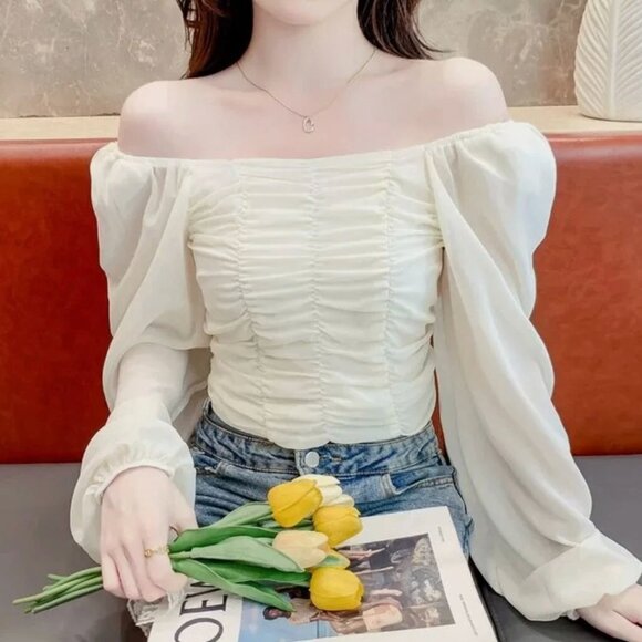 Urban Outfitters Puff Sleeve Chiffon Top S | French Square Neck | Off Shoulder - Picture 2 of 6